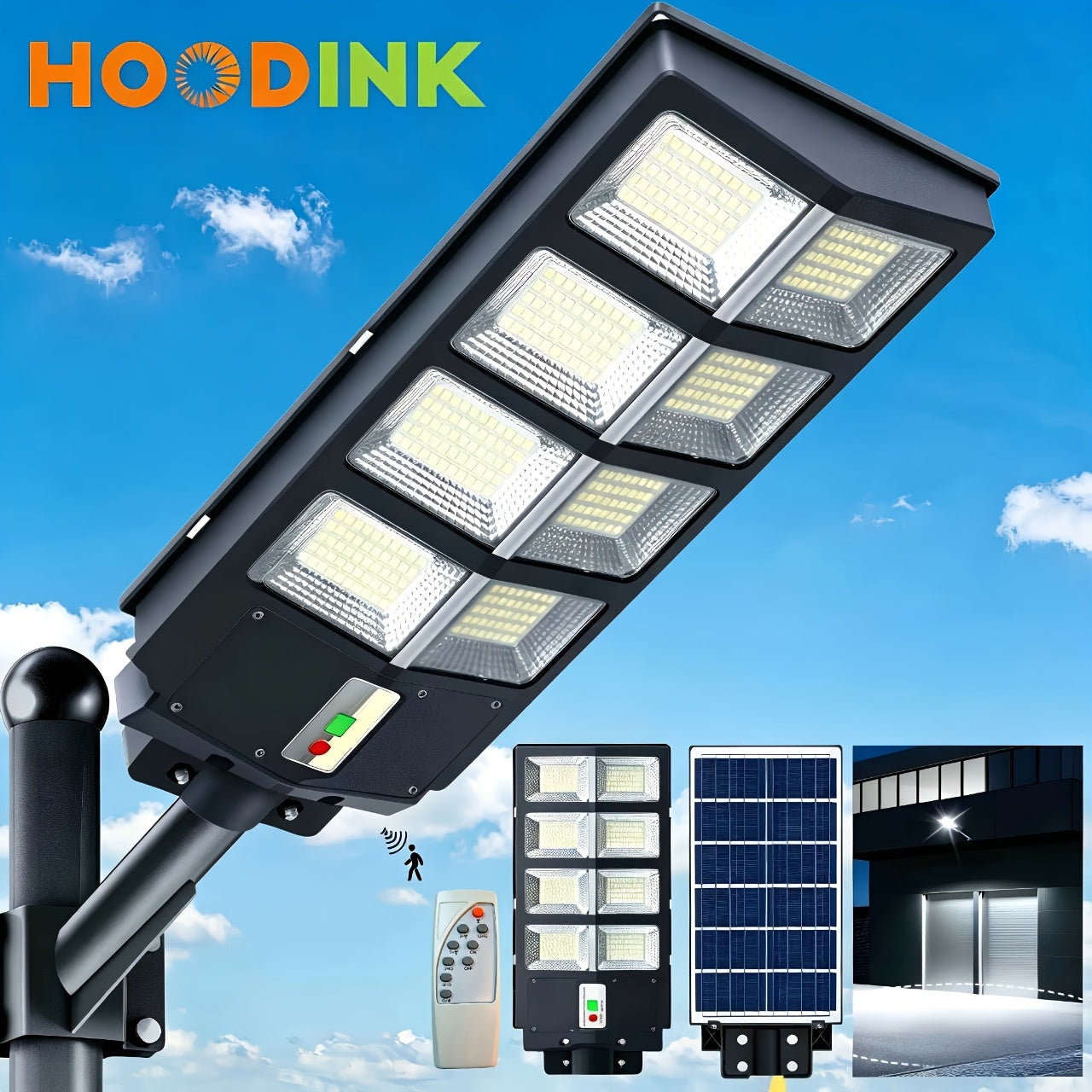 Solar Street Lights Outdoor 800 LED IP54 Waterproof with Motion Sensor – 6500K Dusk to Dawn Flood Light, Remote Control, Adjustable Brightness & Timer for Parking Lot Yard Garage Driveway Rural Area