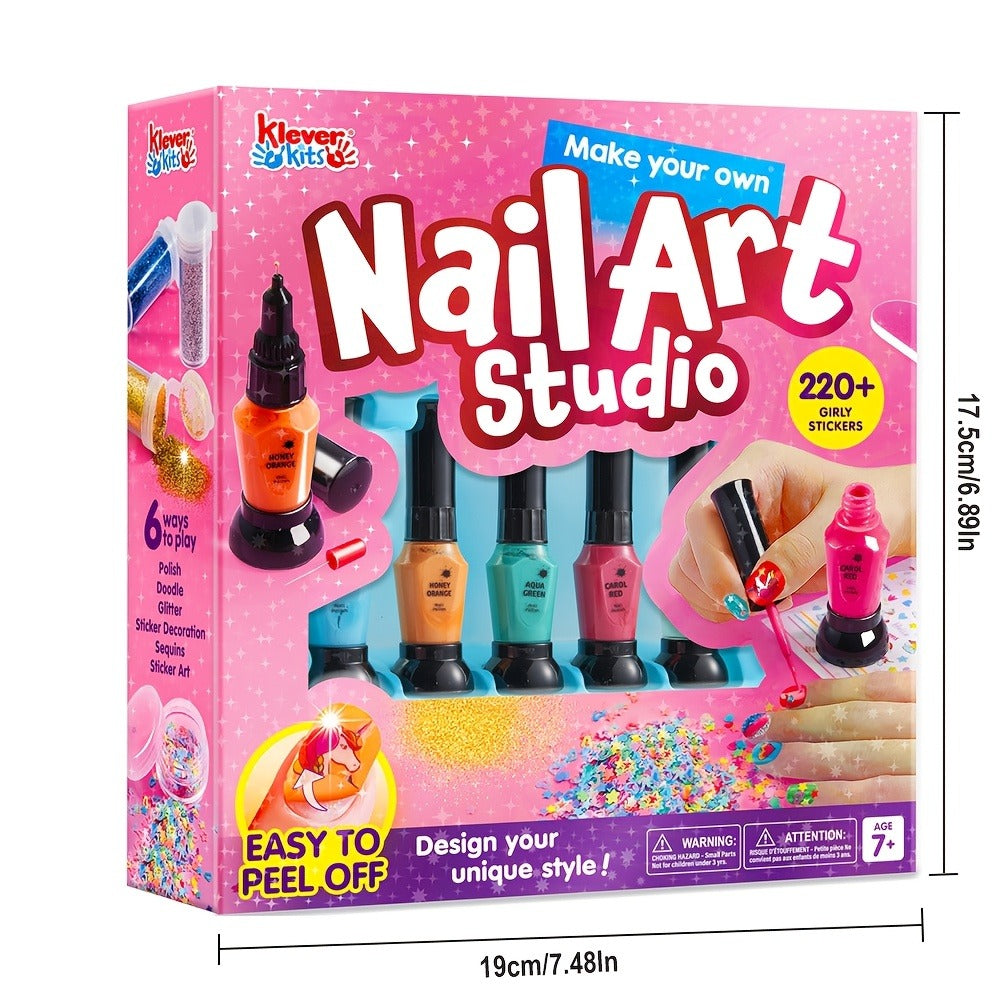Kids Nail Art Kit for Girls – Non-Toxic Nail Polish Set with Glitter Stickers & Sequins 220+ Designs – Complete Children Nail Studio Creative Gift for Ages 7+ Birthday Christmas Sleepover Spa Party