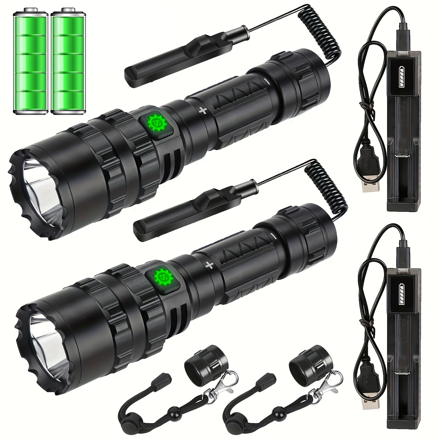 Picatinny Rail Flashlight 2 Pack - High Lumen Tactical Torch, 5 Modes, USB Rechargeable, 20mm Rail Mount, Wrist Strap & Remote Switch Included for Hunting, Shooting & Outdoor Use