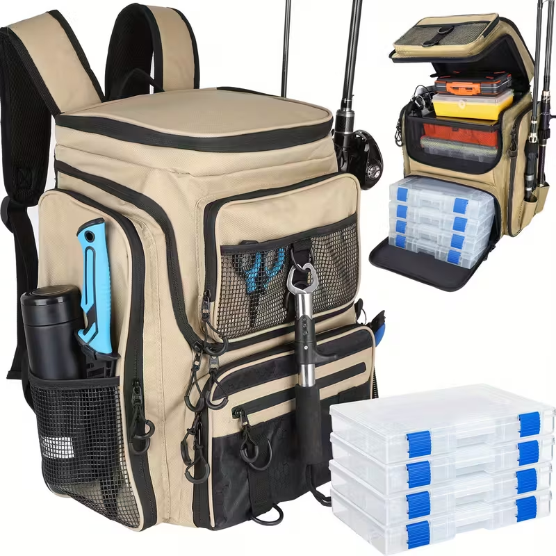 Waterproof Fishing Rod Backpack 42L – Built-In Rod Tube, 16 Pockets & Insulated Cooler Option | Black, Camo, Khaki, Gray