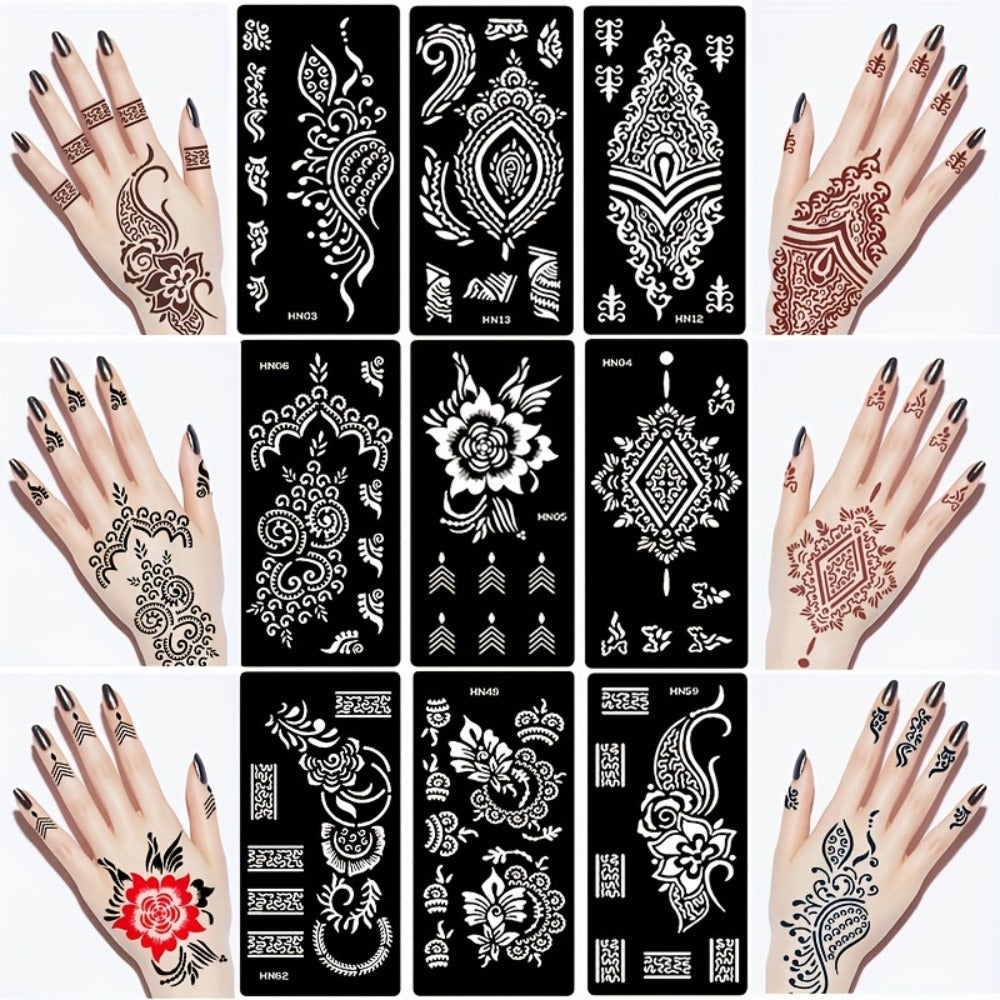 Reusable Tattoo Stencil Templates 9 Sheets Large Flower Designs Airbrush Glitter Body Art Kit for Arms Hands Navel Legs DIY Party Festival Fake Temporary Tattoo Supplies