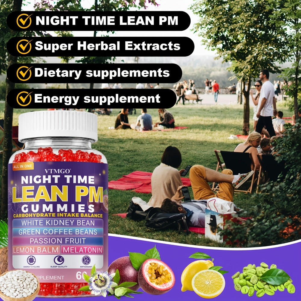 Sleep Gummies with Melatonin, Lemon Balm & Passionflower — Night Time Lean PM Formula | White Kidney Bean, Green Coffee | Relaxation, Restful Sleep & Nighttime Wellness | 60 Gummies