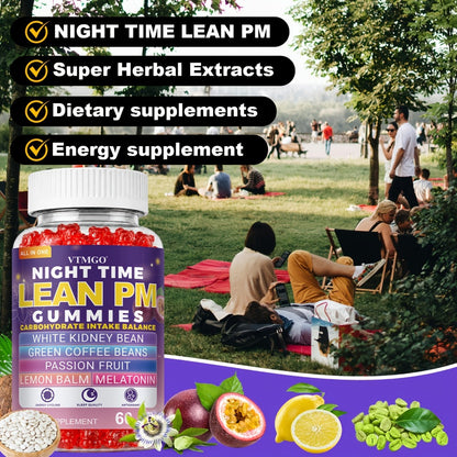 Sleep Gummies with Melatonin, Lemon Balm & Passionflower — Night Time Lean PM Formula | White Kidney Bean, Green Coffee | Relaxation, Restful Sleep & Nighttime Wellness | 60 Gummies