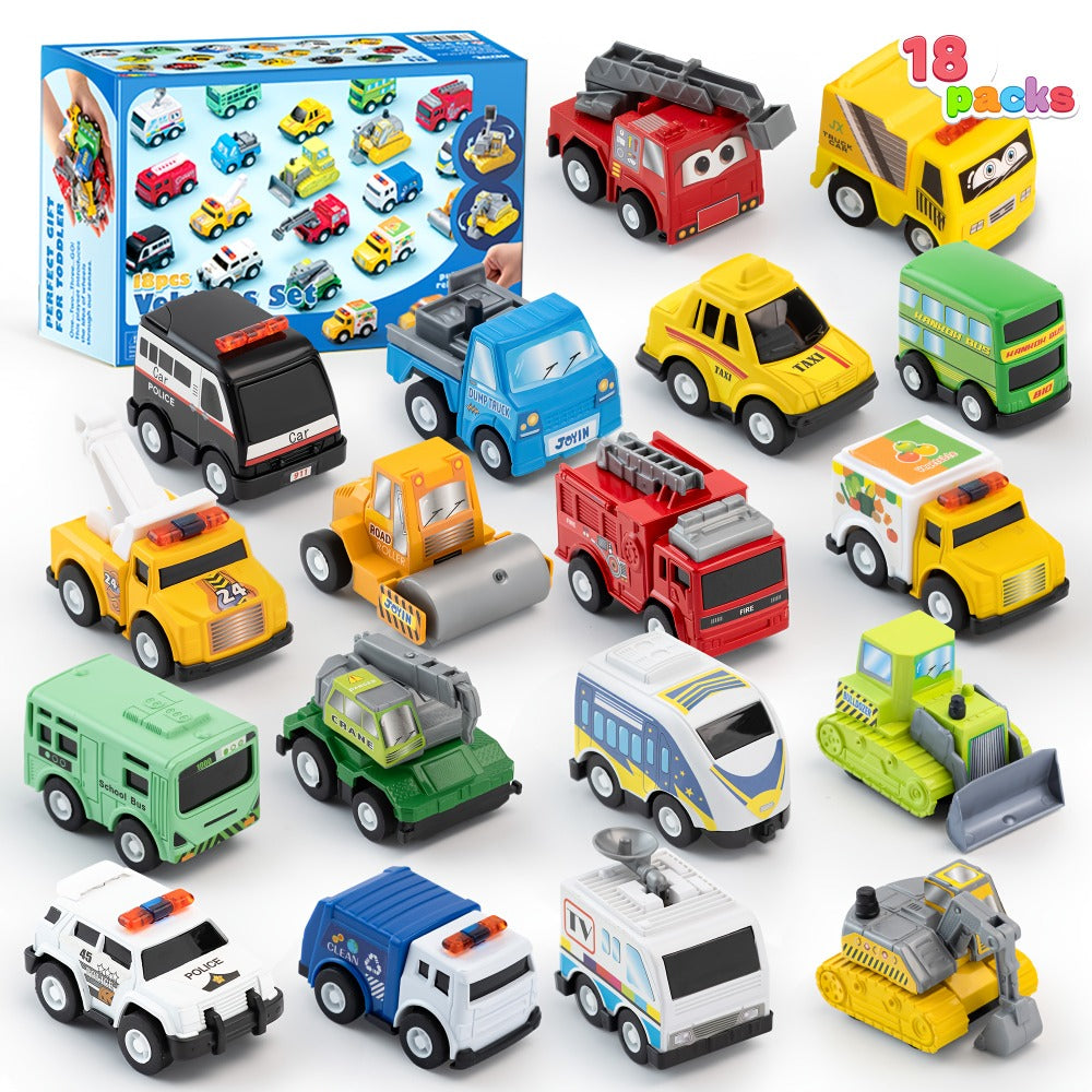 18-Piece Pull Back Mini Cars Set for Kids – City Vehicles Fire Truck Police Car School Bus Freight Train, Friction Powered Toy Cars Boys Girls Ages 3+ Party Favors Gift