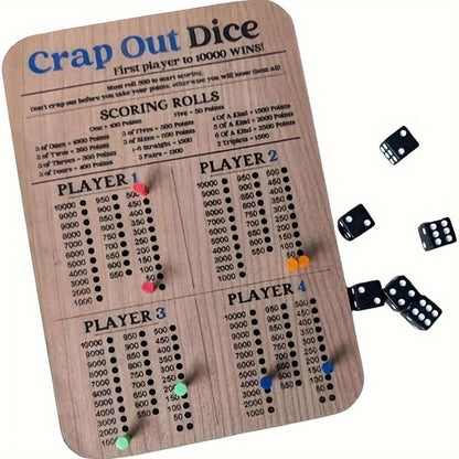 Crap Out Dice Score Board Game 2pcs – 10 Inch Wooden Dice Scoreboard with 6 Dice & 12 Scoring Pegs, Fun Family Dice Game for 1-4 Players, Party Game Night & Gatherings