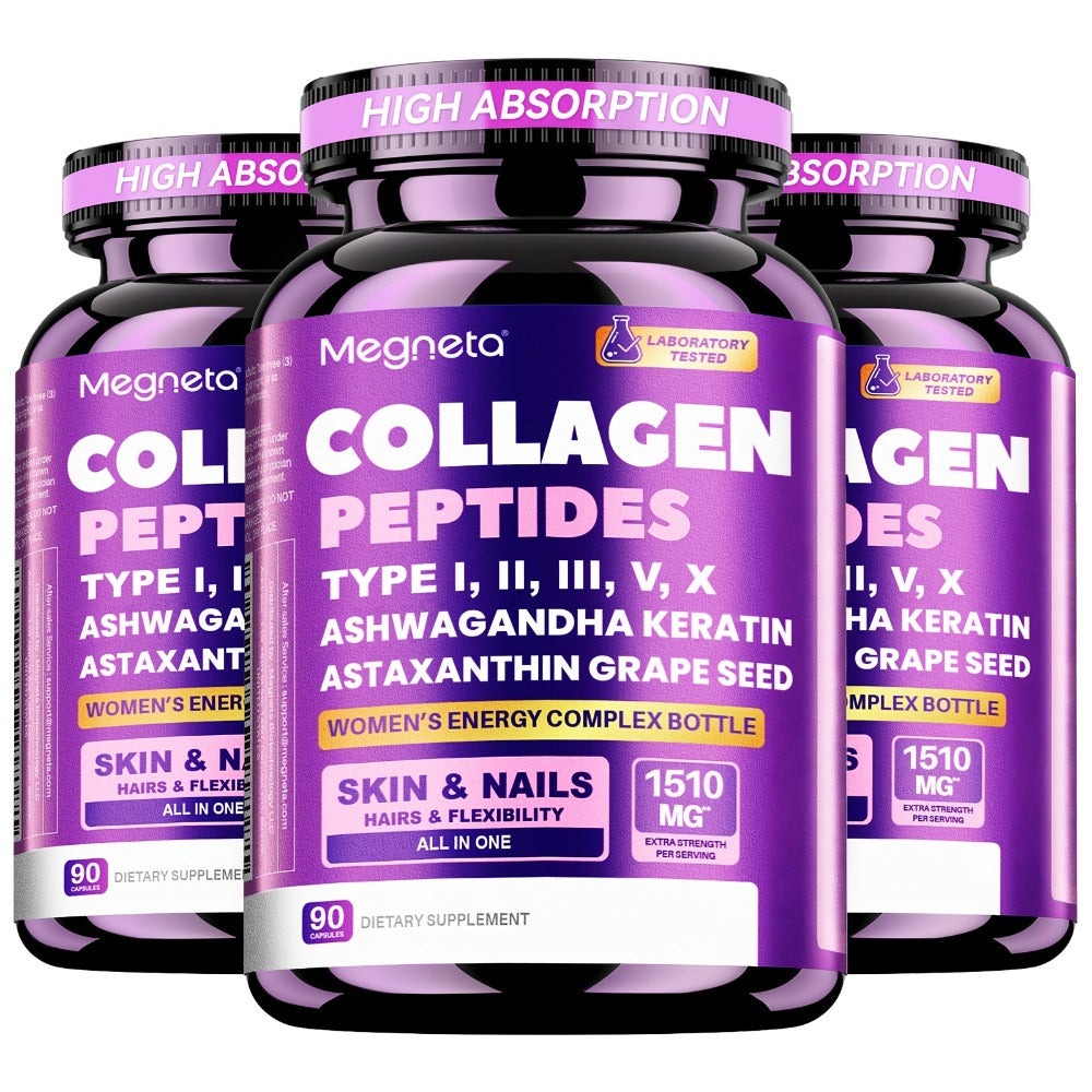 Collagen Capsules Type I II III V X with Vitamin C, Hyaluronic Acid & Biotin — Skin Hydration, Elasticity, Hair & Nail Growth Supplement | Anti-Aging Beauty Formula for Women & Men | 3rd Party Tested | 90 Capsules | 1 or 2 Bottle