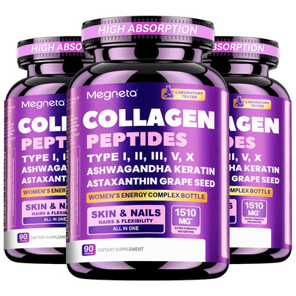 Collagen Capsules Type I II III V X with Vitamin C, Hyaluronic Acid & Biotin — Skin Hydration, Elasticity, Hair & Nail Growth Supplement | Anti-Aging Beauty Formula for Women & Men | 3rd Party Tested | 90 Capsules | 1 or 2 Bottle