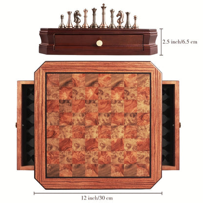 Wooden Chess Set with Metal Pieces & Storage Drawers 12 Inch – 2.5" Kings 2 Extra Queens Vintage Mahogany Board for Adults Beginners, Premium Strategy Game Gift