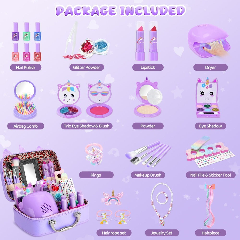 Kids Makeup Set for Girls – 2-in-1 Princess Makeup & Nail Art Kit, Washable Non-Toxic Pretend Play Cosmetics with Nail Polish, Eyeshadow, Lipstick & Accessories, Birthday Gift for Girls Ages 3+