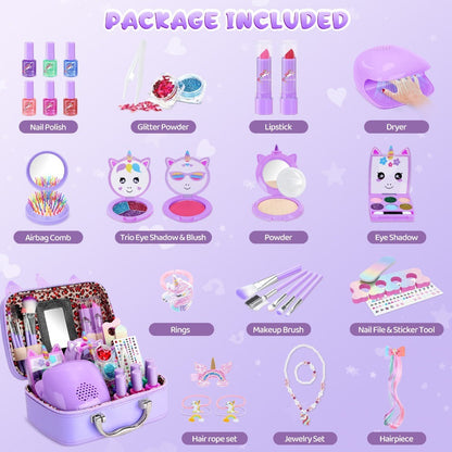 Kids Makeup Set for Girls – 2-in-1 Princess Makeup & Nail Art Kit, Washable Non-Toxic Pretend Play Cosmetics with Nail Polish, Eyeshadow, Lipstick & Accessories, Birthday Gift for Girls Ages 3+