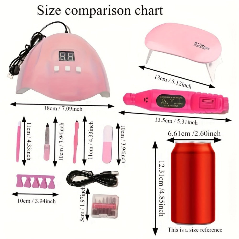 Nail Art Tool Set 7-in-1 Complete Professional Manicure Kit with UV Nail Lamp, Glue Dryer, Nail Polisher, Cuticle Pusher & Fork, Finger Divider – Stainless Steel Salon Kit for Women