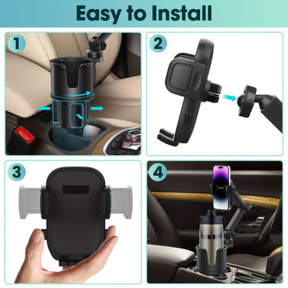 2-in-1 Car Phone Holder & Cup Holder Extender – Swivel Rotating Mount with Shock-Absorbing Trim, Universal for Cars, SUVs & Trucks, Black