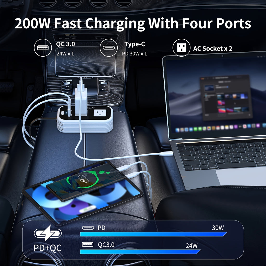 200W Car Power Inverter, Blubluman DC 12V To 110V AC Car Plug Adapter Outlet With 30W PD Charger, QC3.0 Fast Charger 24W, Power Inverter For Vehicles, Outlet For Laptop Computer Charger