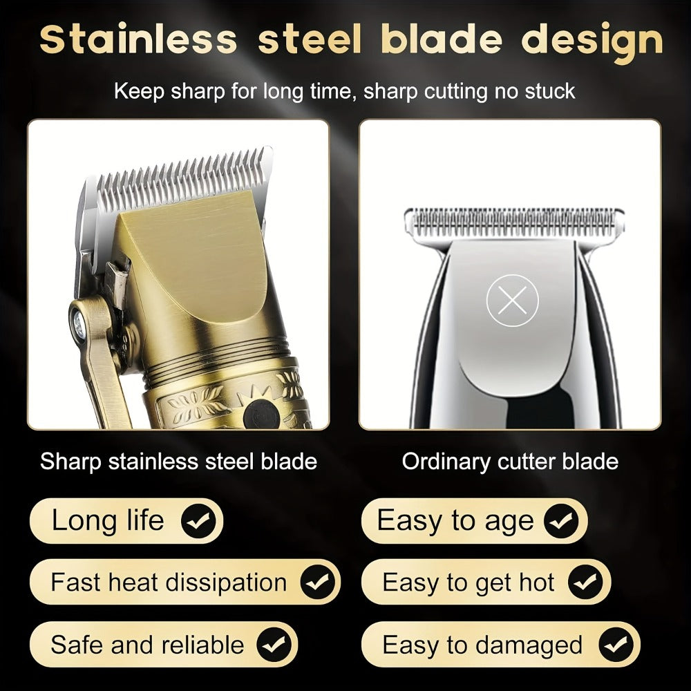 Cordless Hair Clipper & Trimmer Kit for Men — Professional Rechargeable Grooming Set, Golden Edition, Wireless Fade Clipper with USB Charge, Ideal Gift for Men