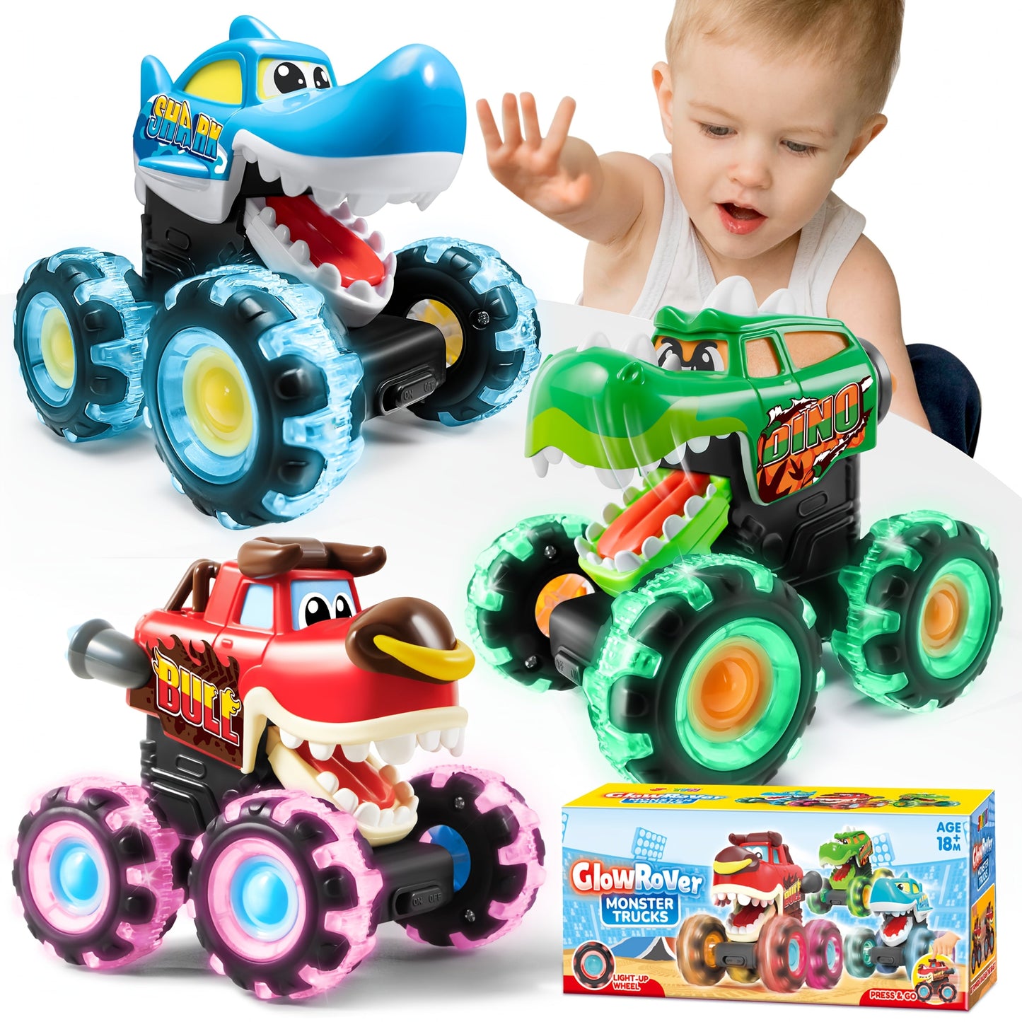 Monster Truck Toys for Toddlers 3-Pack LED Light Up Wheels Press & Go Animal Trucks Shark Bull Dinosaur – Glow Push Car Toy for Kids Ages 1-5 Birthday Easter Christmas Gift Boys Girls
