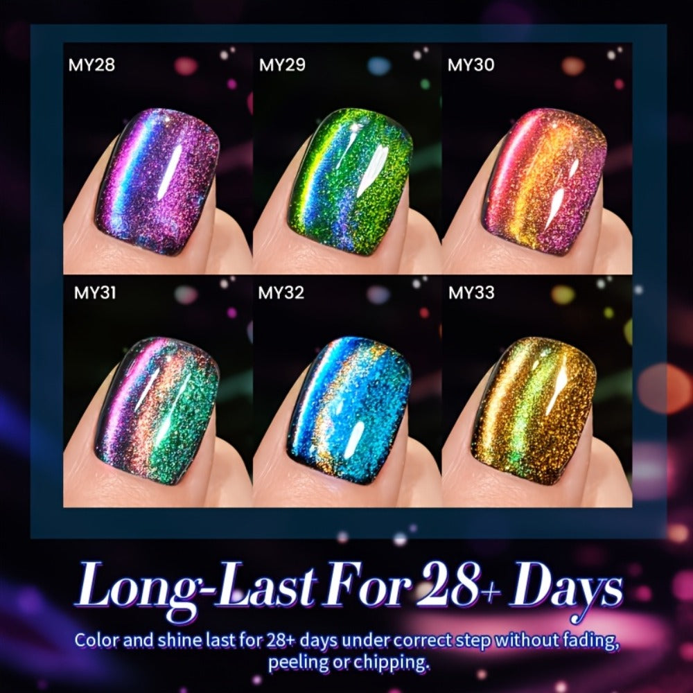 Cat Eye Gel Nail Polish Set 6 Colors 9D Magnetic Polaris Glass Water Light Effect - Semi-Permanent Soak Off LED UV Gel 0.34oz Each - Long Lasting Shimmer Nail Art for Women Salon Home DIY