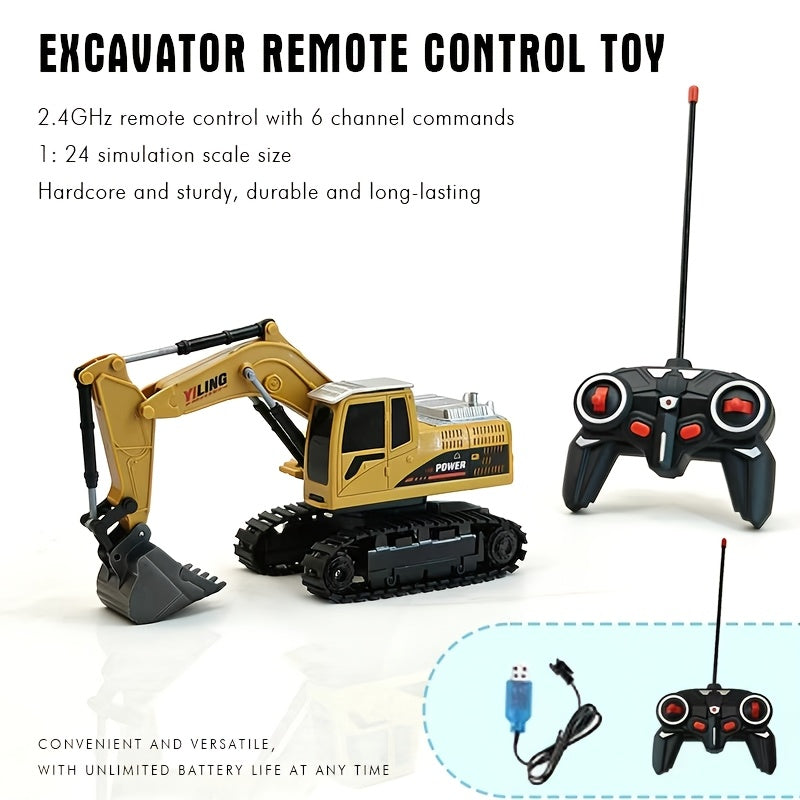 RC Excavator Toy 1:24 Scale 2.4GHz 9-Channel Remote Control with Alloy Metal Cap Lights & Sound Rechargeable Battery – Construction Truck for Boys Ages 6+ Birthday Christmas Gift Multiple Colors