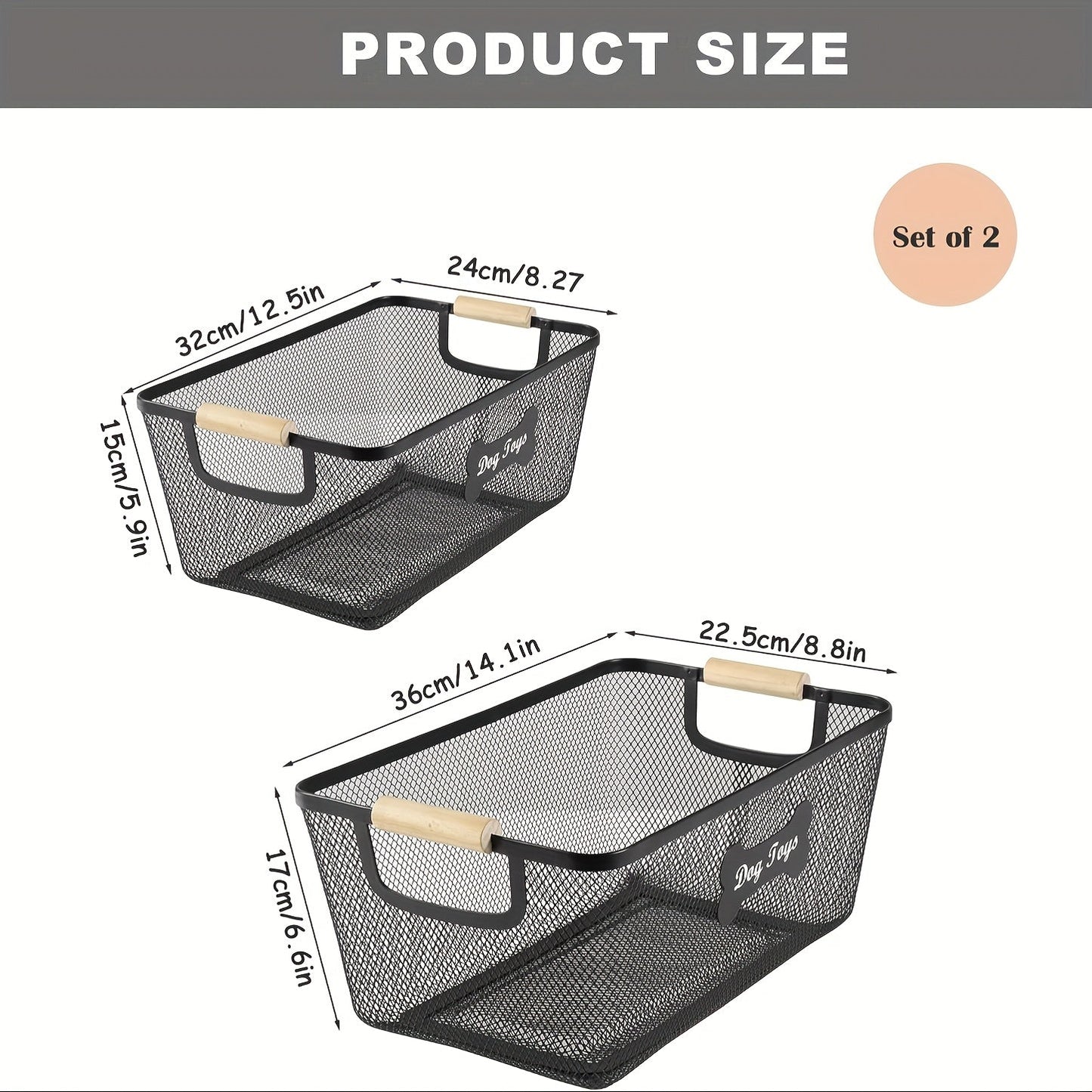 Metal Dog Toy Storage Basket Set with Wooden Handles – 2-Pack Mesh Wire Organizer Bin for Dog Toys, Collars, Blankets & Accessories