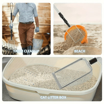 Stainless Steel Beach Sand Sifter with Retractable Telescopic Handle – Portable Sand Sieve for Treasure Hunting, Shell & Conch Collecting | Beach Tool for Kids & Adults, Doubles as Cat Litter Scoop