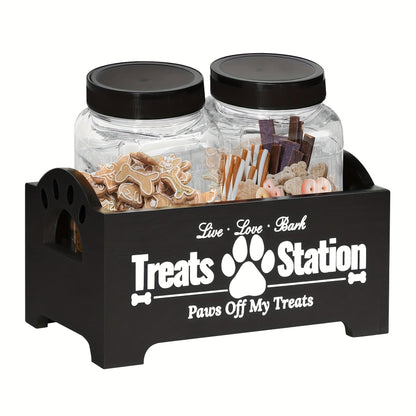 Dog Treat Storage Container Set – Rustic Wooden Organizer with 2 Plastic Treat Bins, Airtight Pet Food Storage for Kitchen Counter, Black & White