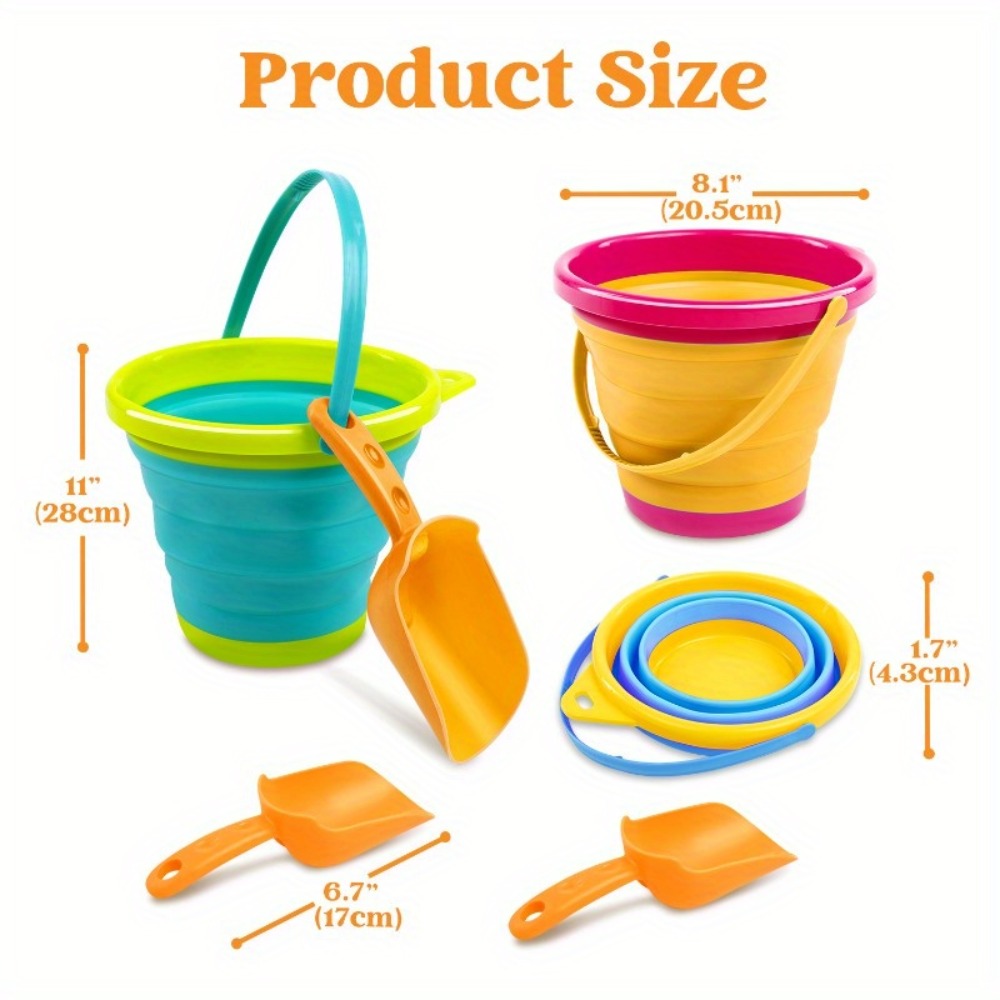 Collapsible Beach Bucket Set 3-Pack with Shovels & Mesh Backpack – Foldable Sand Pail Kit for Kids, Beach Camping Travel Fishing Outdoor Toy, Birthday Party Favor Gift (Yellow/Blue/Green or Pink/Purple/Green)