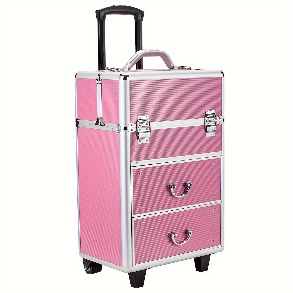 Lockable Aluminum Makeup Train Case with Extendable Trays Multi-Tier Professional Cosmetic Organizer — Portable Salon Travel Beauty Case with Lock Pink Rose Gold