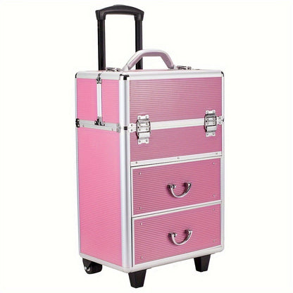 Lockable Aluminum Makeup Train Case with Extendable Trays Multi-Tier Professional Cosmetic Organizer — Portable Salon Travel Beauty Case with Lock Pink Rose Gold