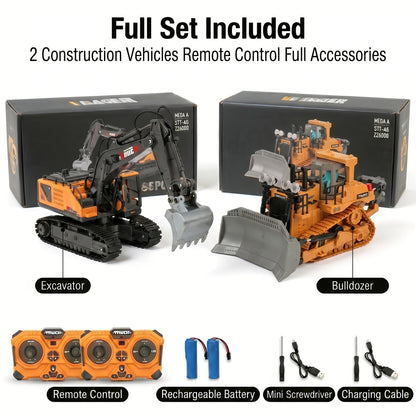 RC Construction Vehicle Set 2/3/4pcs – 2.4GHz 11-Channel Remote Control Excavator Dump Truck Bulldozer Alloy Engineering Toy for Boys Kids Ages 6+, Best Birthday Christmas Gift