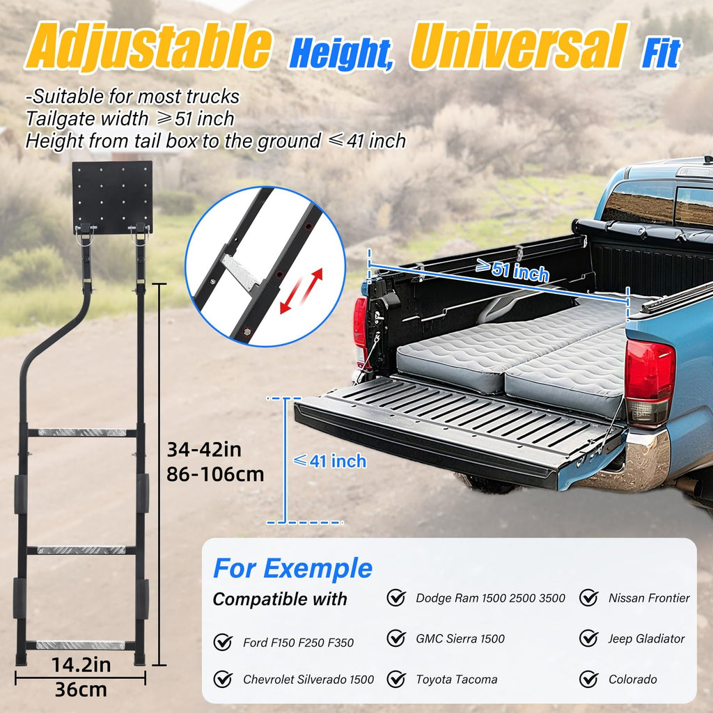 1pc Pickup Truck Tailgate Ladder - Universal Fit, Stainless Steel Self Drilling Hex Screws for Easy Install, Durable Aluminum Step Grip Plates, and Sturdy Rubber Ladder Feet, Vehicle Access, Offroad Accessory, Heavyduty Design, Reinforced Steps