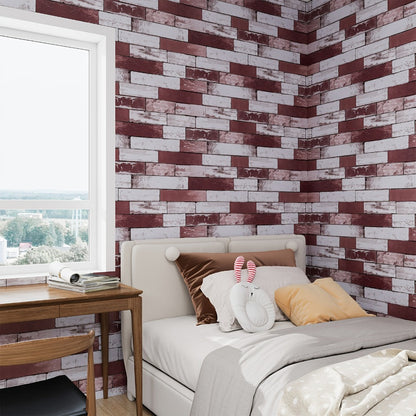 3D Brick Foam Wallpaper Self Adhesive Peel and Stick Wall Panels Waterproof PVC Rustic Brick Pattern Home Bathroom Kitchen Wall Decor Blue Brown Red 17.5in Wide
