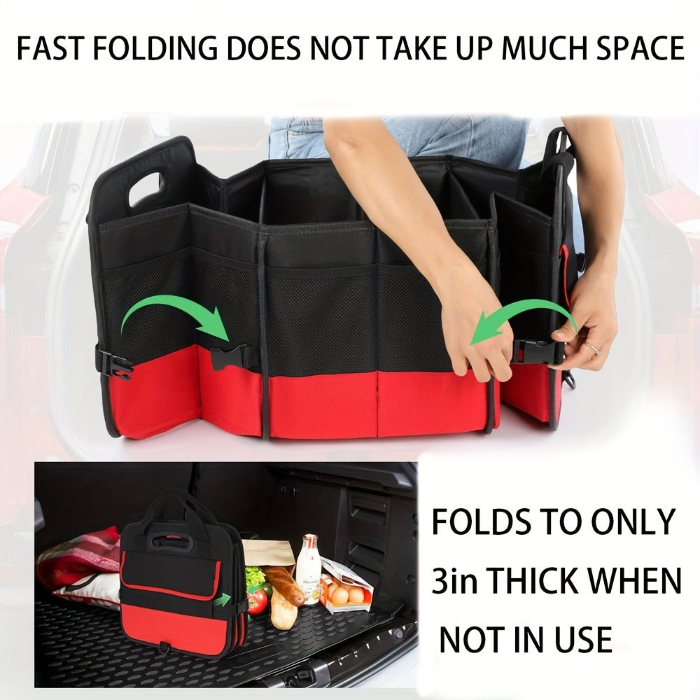Foldable Car Trunk Organizer 95L – 4-Compartment Storage Box with 2 Retractable Straps, Collapsible Cargo Bin for SUV Truck Minivan – Travel Camping Shopping