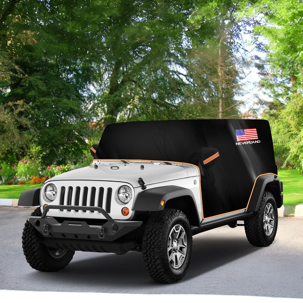 Jeep Wrangler Half Car Cover Waterproof 210D Oxford Fabric – Reflective Strip Windproof Straps for JK JL JKU JLU 2-Door & 4-Door 2007–2024