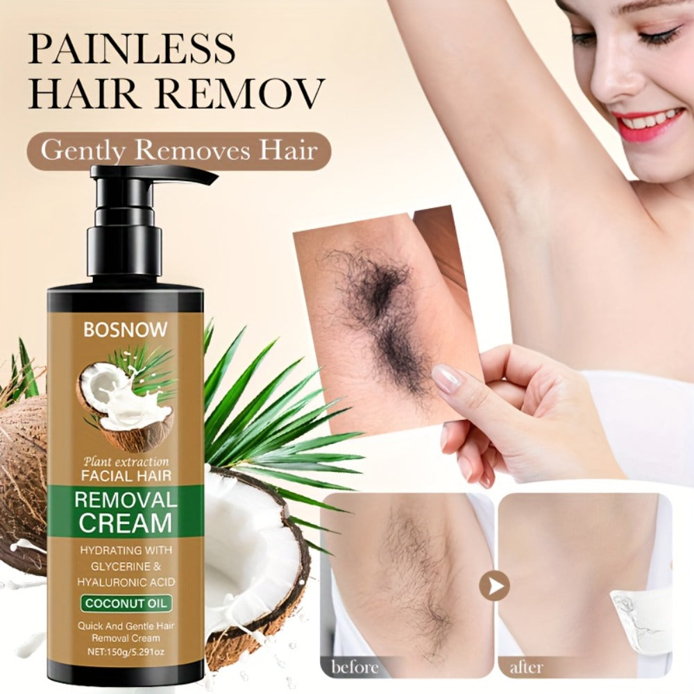 Painless Hair Removal Cream 150g 3-Minute Fast Acting – Coconut Extract Squalane Depilatory for Underarms Arms Legs Thighs Body Bikini, Smooth Skin Up to 15 Days for Women