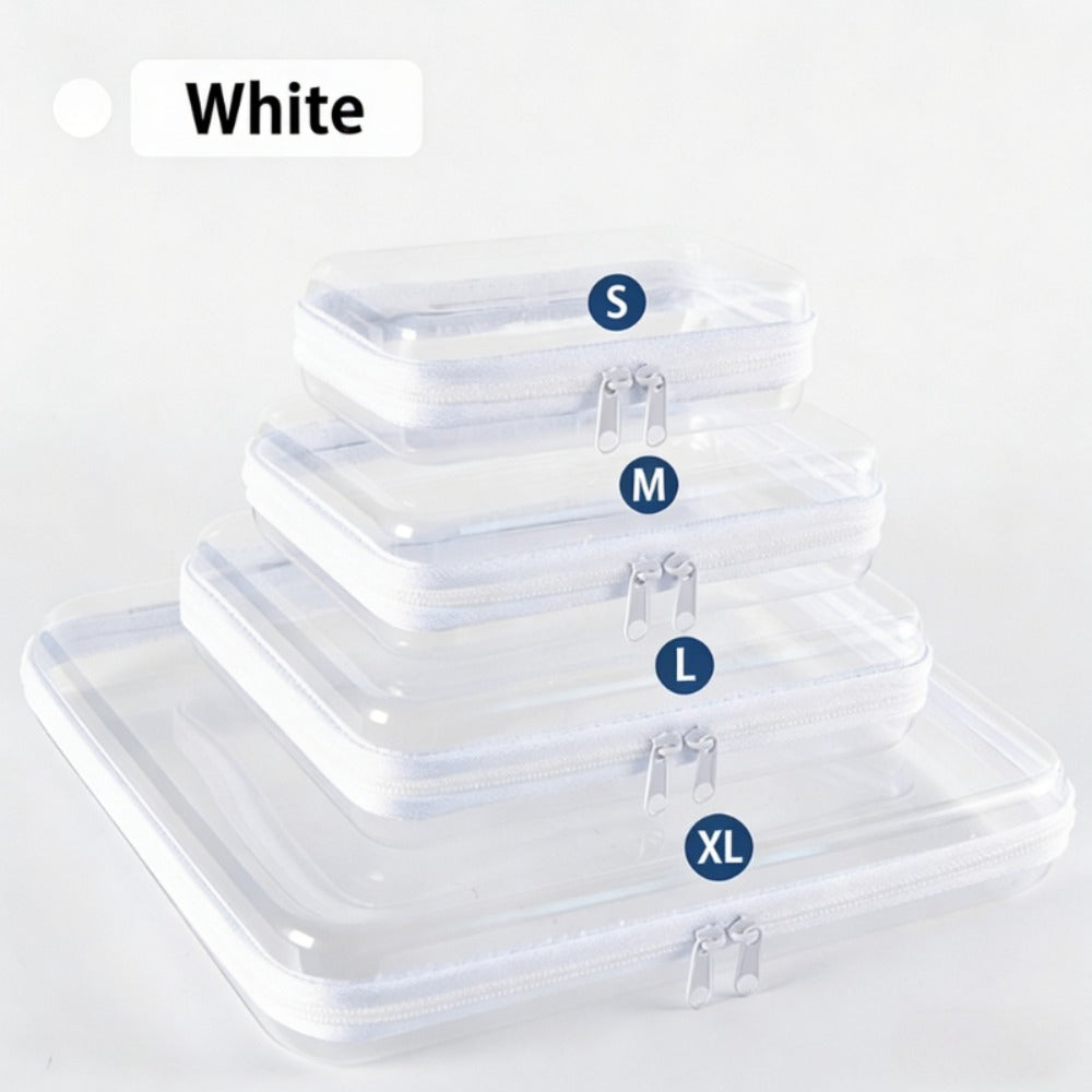 Clear Storage Box Set 4 Pcs Hard Transparent Zipper Organizer Plastic Case S M L XL Makeup Cosmetics Snacks Stationery Kids Toys Multi-Color Purple Blue Pink White