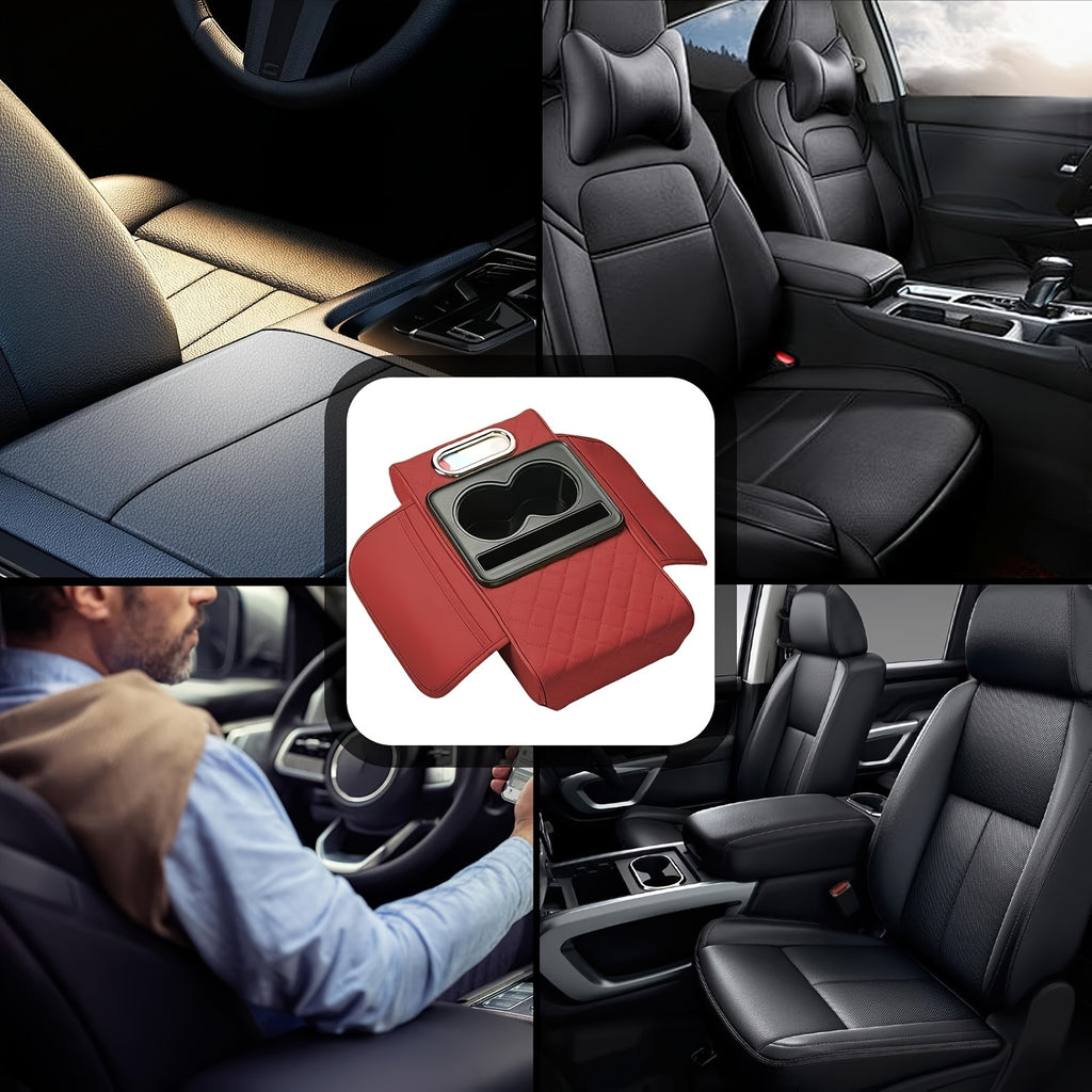 Universal Car Armrest Box Cover, PU Leather Center Console Mat with 2 Side Pockets + 2 Cup Holders + Multi-Functional Tissue Storage Space, Suitable for Phone/Water Bottle/Cards, Compatible with Most Car Models, Car Accessories, Women's Car