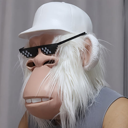 Gorilla Monkey Plush Full Head Mask with White Hair Glasses Hat – Funny Cartoon Animal Costume for Adults Halloween Parties Cosplay Role Play Prank Gift White Gorilla Chimpanzee