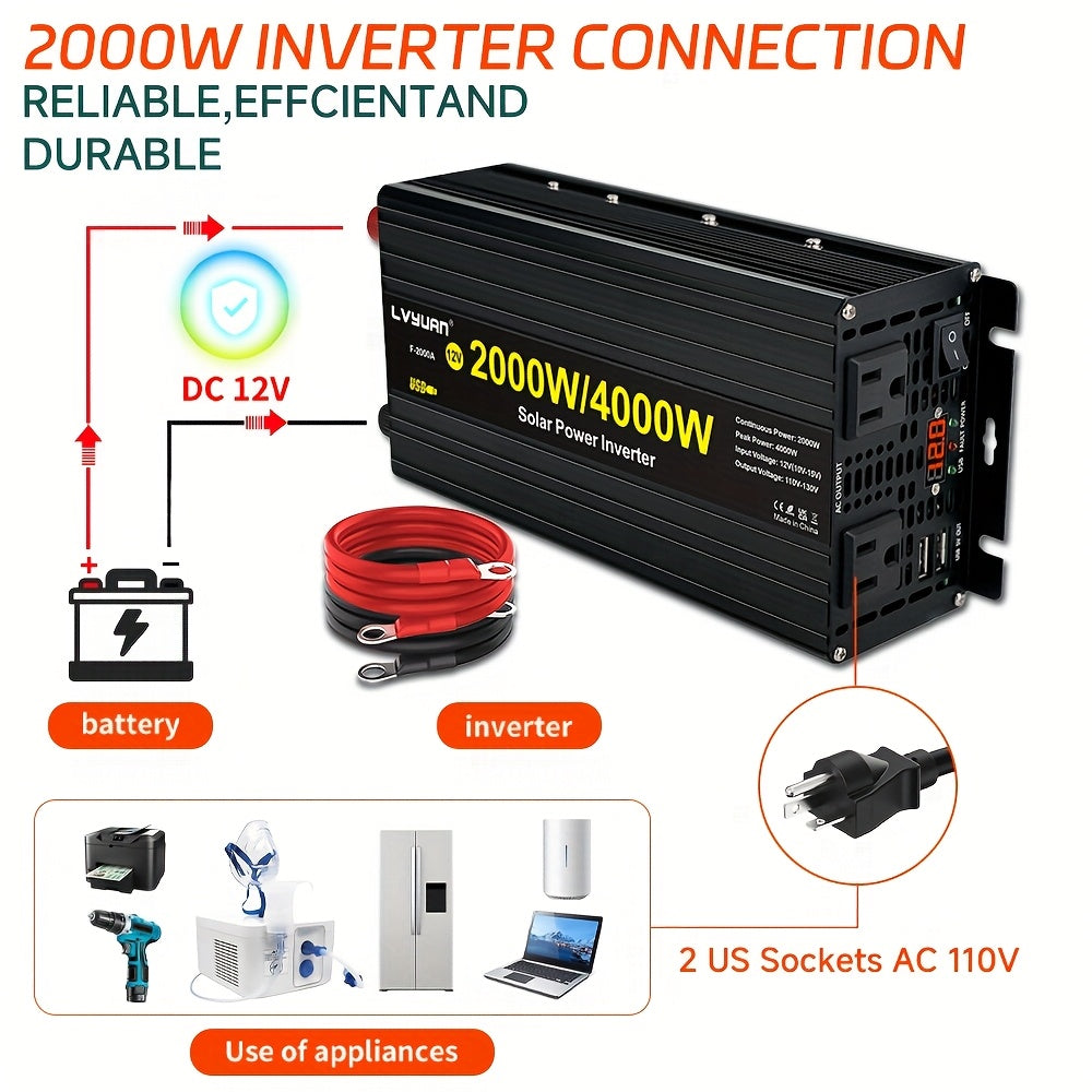 Lvyuan 2000W/4000W Peak/DC 12V to AC 110V/130V Car Power Inverter with LED, 2000W with 2 US Sockets 2 USB Ports for Auto, Vehicle, RV, Outdoor, Home