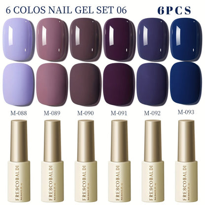 Solid Color Gel Nail Polish Set 6pcs Self-Leveling Soak-Off UV LED High Gloss Chip-Resistant – Popular Salon Shades for Daily Manicure, 8 Color Palettes Available, Nail Art Gift for Women