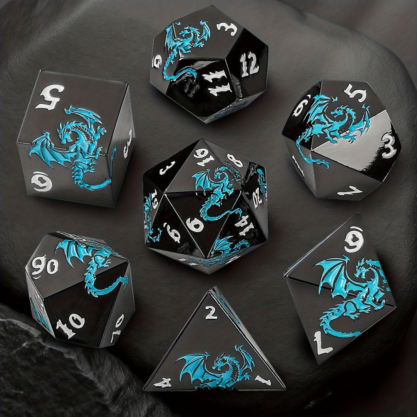Dragon Metal Dice Set 7pcs Hand-Polished – Retro Carved Dragon Pattern Polyhedral DnD TTRPG RPG Dice with Dragon Storage Bag, D4 D6 D8 D10 D12 D20, Bronze Silver Black Blue White Cyan