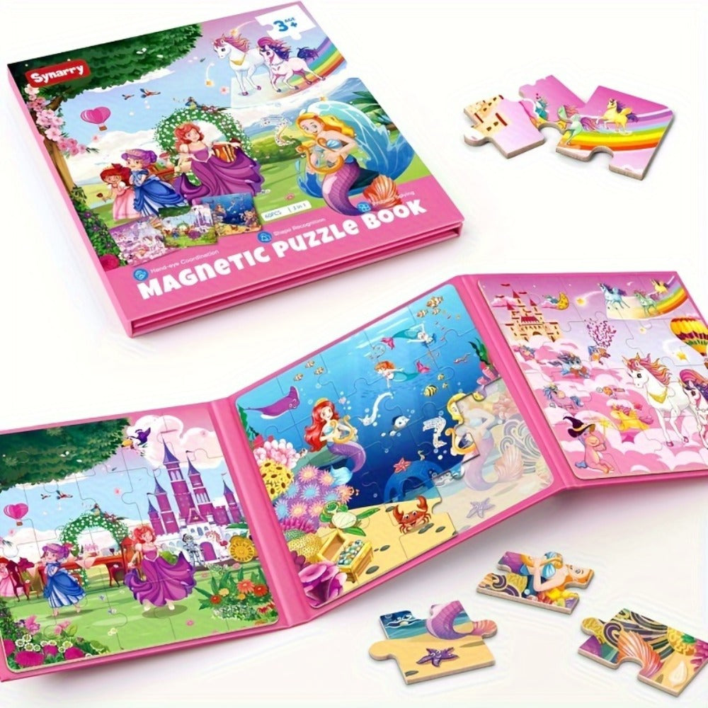 Magnetic Puzzle Book for Girls 3 4 5 6 – 3-in-1 Unicorn Mermaid Princess Travel Puzzles, 20 Pieces Folding Magnetic Jigsaw for Toddlers, Road Trip Car Airplane Activity, Birthday Gift for Little Girls