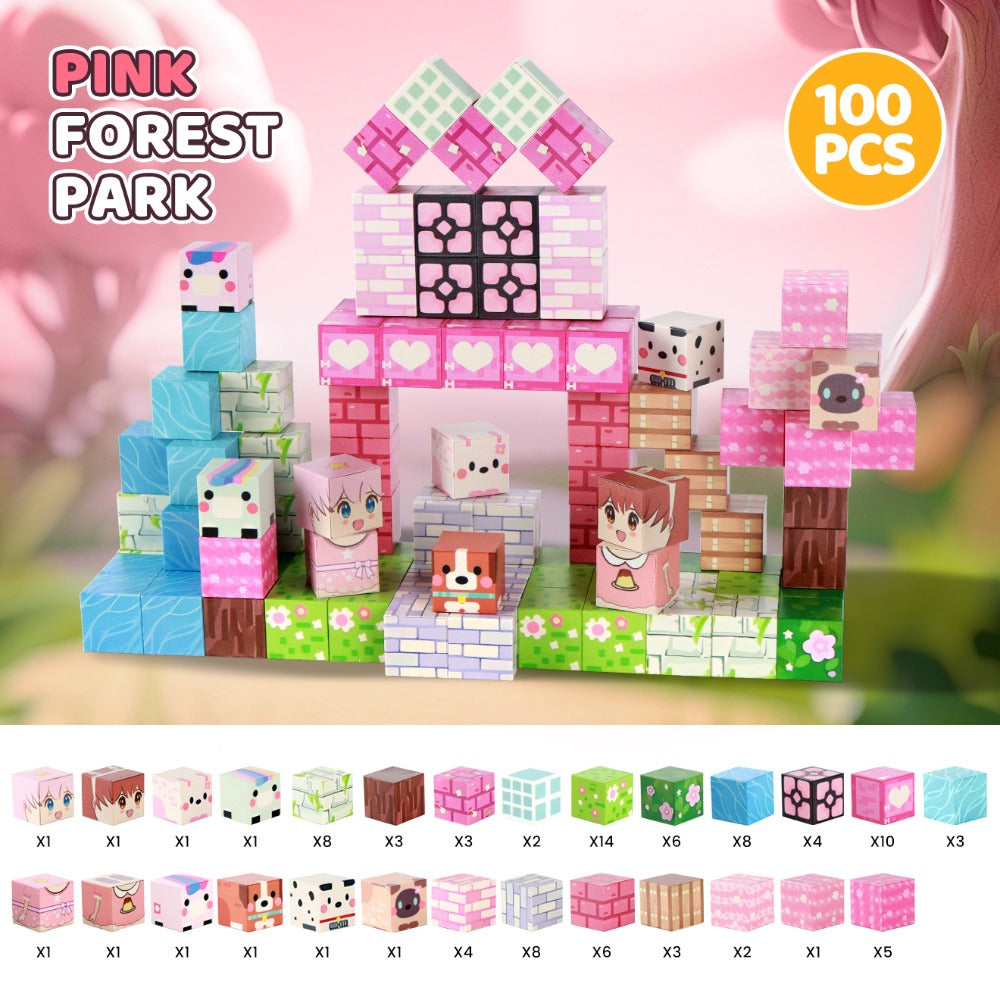 Pink Forest Park Magnetic Building Blocks 100 Piece STEM Set – 3D House Trees & Character Cubes Creative Construction Toy for Imaginative Play Birthday Christmas Gift for Girls Kids Ages 3+