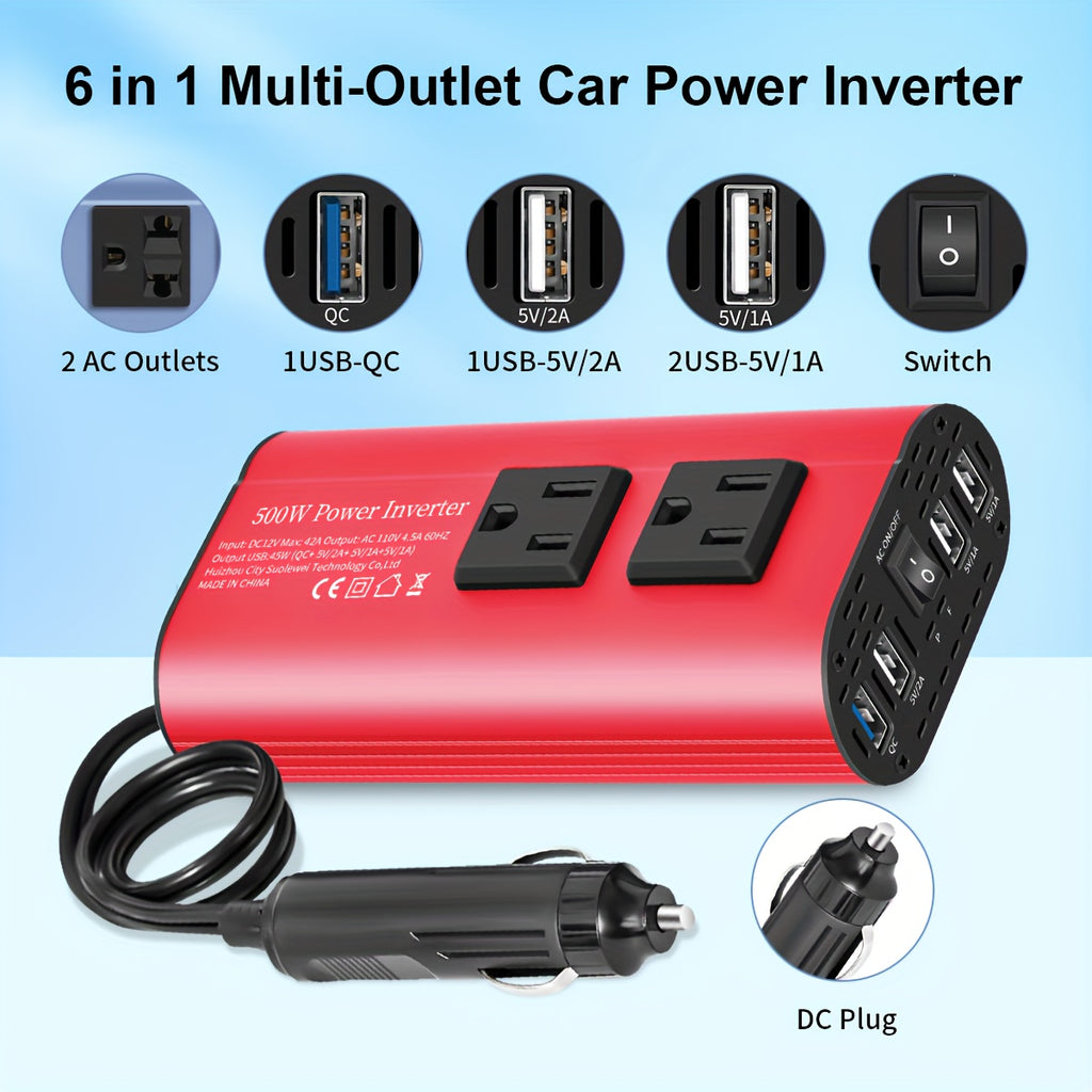 Halloween & Christmas Outdoor Portable Car Power Inverter Charger Converter 500W (Peak) Power Inverter Converts DC 12V to AC 110V with 4 USB Ports for Car Adapter Fast Charging for Cell Phones And Other Devices