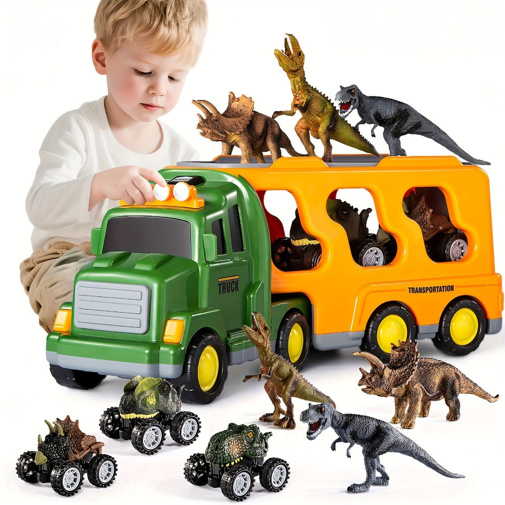 Dinosaur Transport Truck Toy Set with Lights & Sounds – 7-in-1 Dino Carrier with 3 Dinosaur Figures & 3 Monster Cars for Boys Girls Ages 3+, Battery Powered, Birthday Christmas Gift