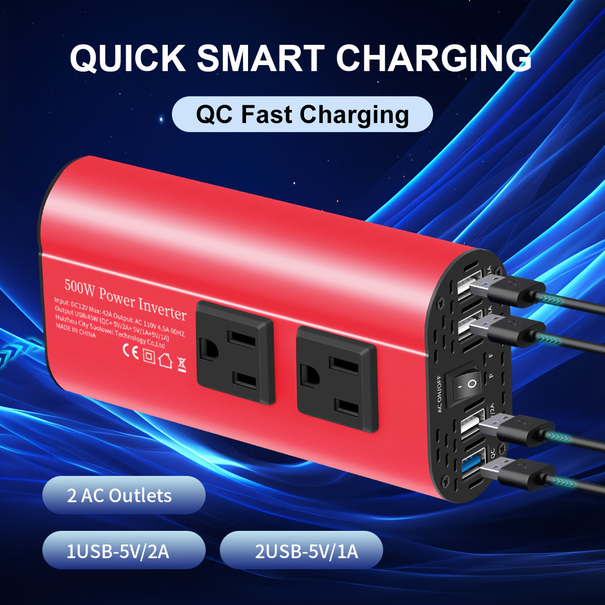 Halloween Christmas Gift, Car Power Inverter Charger Converter 500W (Peak) Power 12V Car Power Inverter, 4 USB Ports, Smart Fast Charging, Power Converter - Car Plug, Mobile Phone, US Socket
