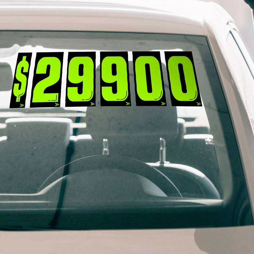 Windshield Pricing Number Decals 33pcs 7.5" Chartreuse Vinyl – Car Dealership Lot Pricing Stickers 0-9 for Auto Vehicle Window, Large Bold Numbers, Weather Resistant