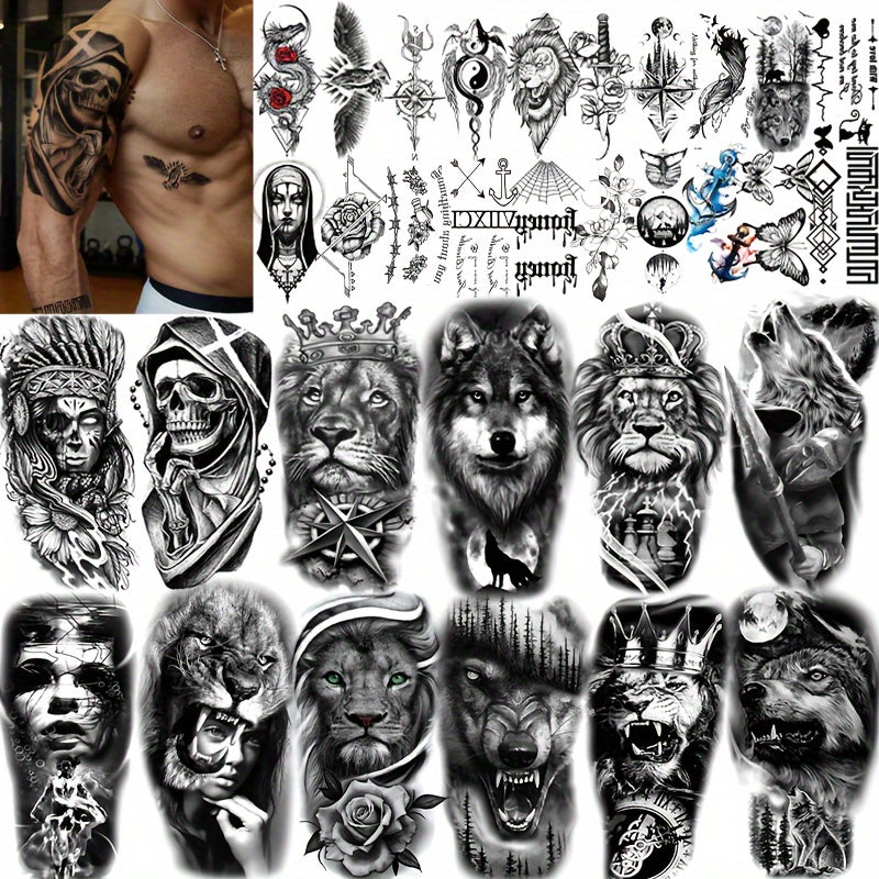 Temporary Tattoo Half Sleeve 32 Sheets 3D Realistic Animal Tribal Wolf Lion Tiger Skull Rose Flower Fake Tattoo Stickers for Men Women Adults Forearm Body Art Large Waterproof Long Lasting