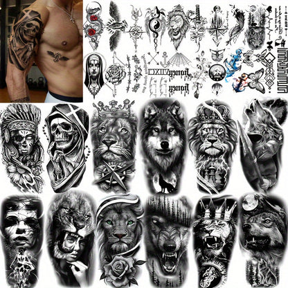 Temporary Tattoo Half Sleeve 32 Sheets 3D Realistic Animal Tribal Wolf Lion Tiger Skull Rose Flower Fake Tattoo Stickers for Men Women Adults Forearm Body Art Large Waterproof Long Lasting