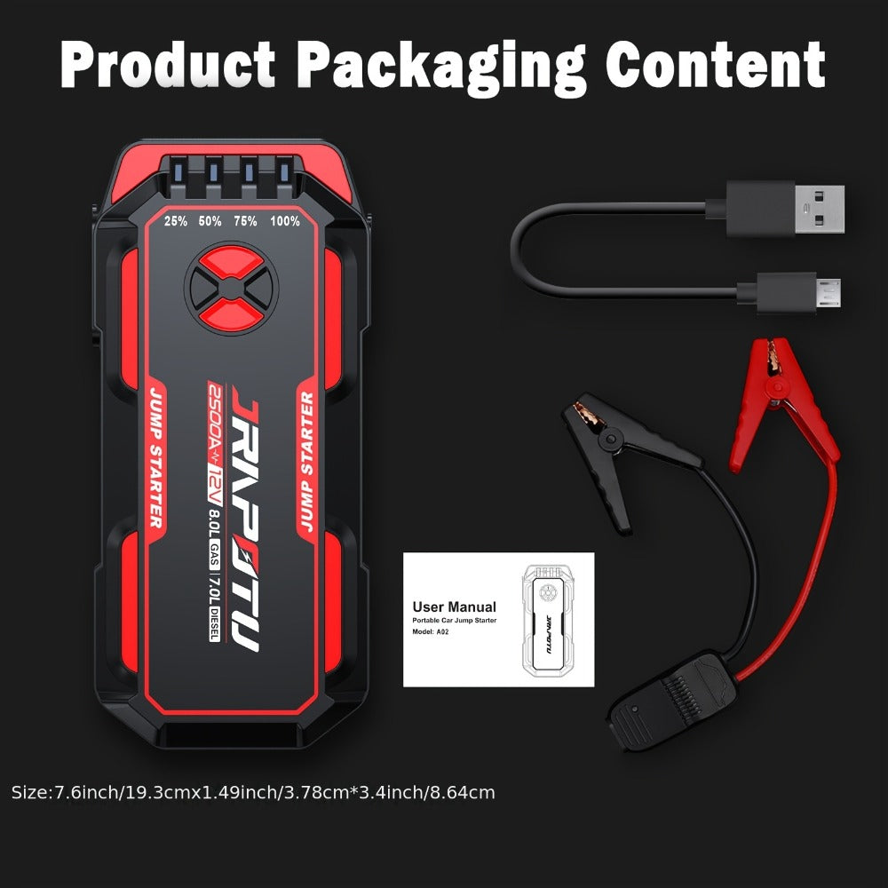 2500A Peak Car Jump Starter Portable – 12V Battery Booster Pack with USB-A & USB-C Ports, LED Flashlight, 10000mAh Power Bank, for Gas up to 8.0L & Diesel up to 7.0L Engines