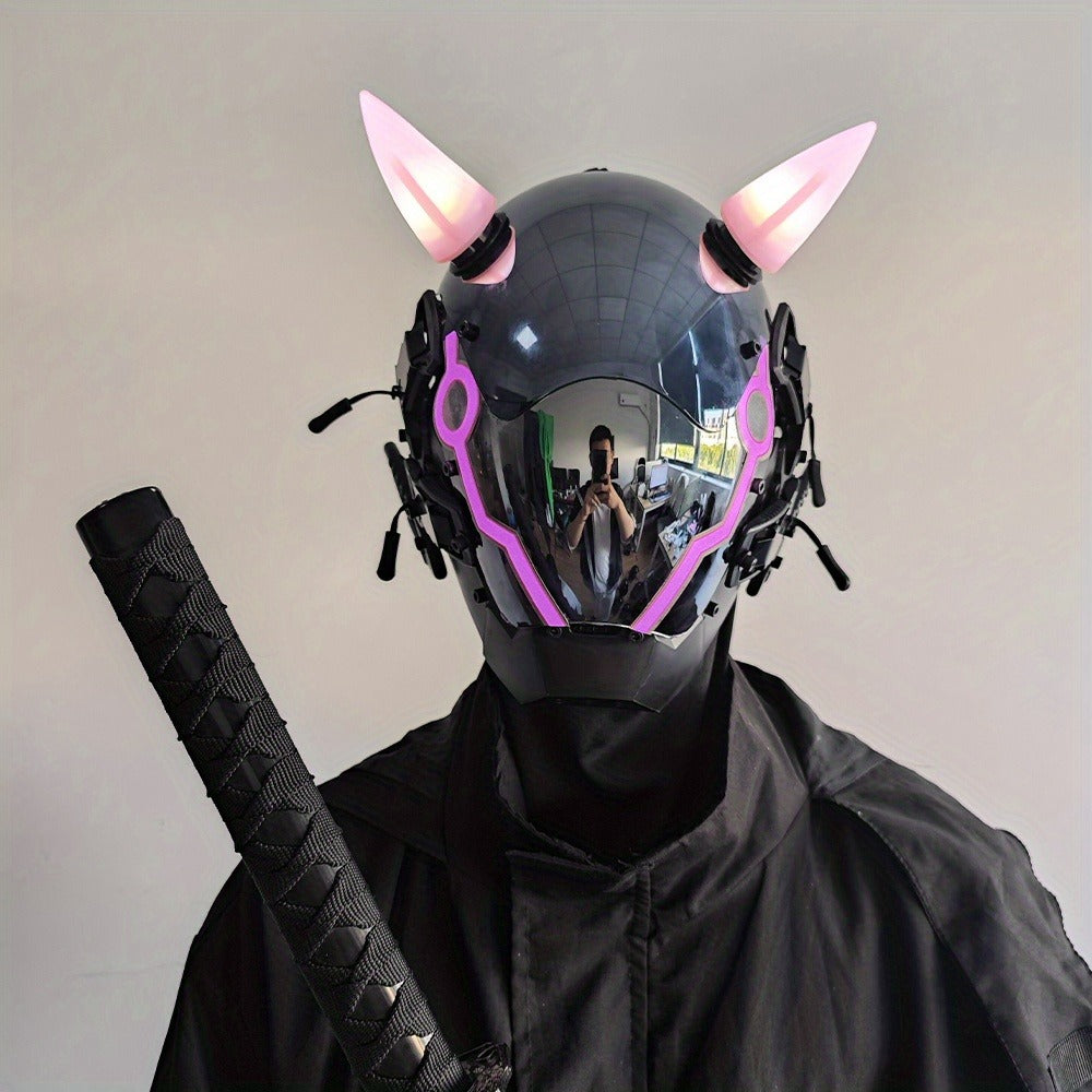Electric Pink Punk Cosplay Mask with Helmet – Battery-Powered LED Full Face Mask for Halloween, Christmas, Easter, Rave Music Festival & Party, Unisex Adult Costume Prop, Cool Gift for Men & Women