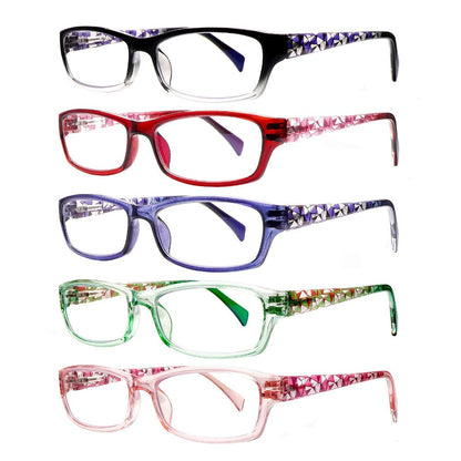 Reading Glasses 5 Pack for Women and Men Blue Light Blocking Readers Rectangular Spring Hinge Frame Anti Eyestrain Computer Reading Glasses Lightweight Fashionable Multi-Color Set Magnification 1.0 to 4.0